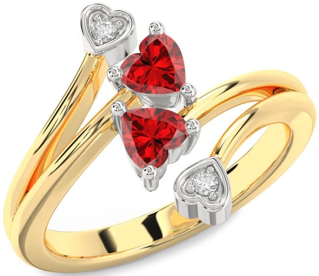 Diamond Ruby Gold Silver Two Heart Birthstone Ring