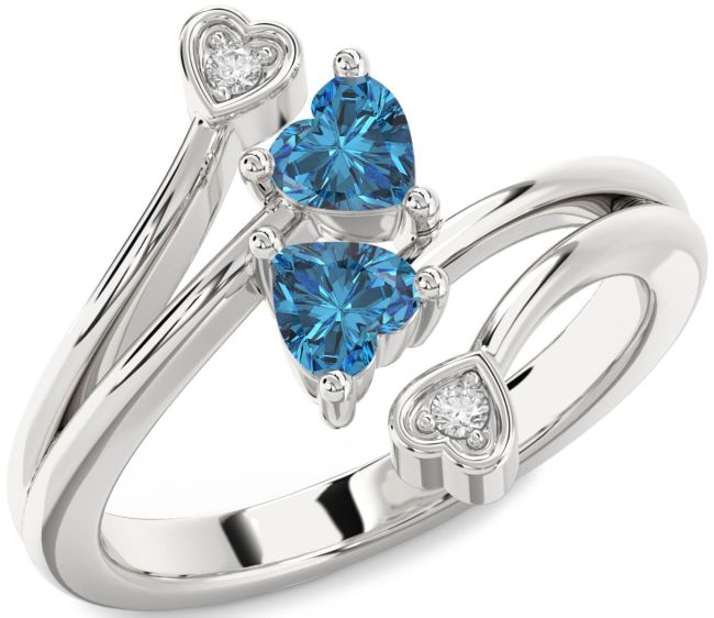 Blue Diamond Silver Two Heart Ring