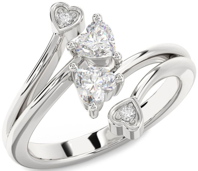 Diamond Emerald Silver Two Heart Birthstone Ring