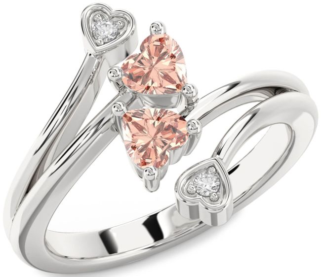 Diamond Morganite Silver Two Heart Ring