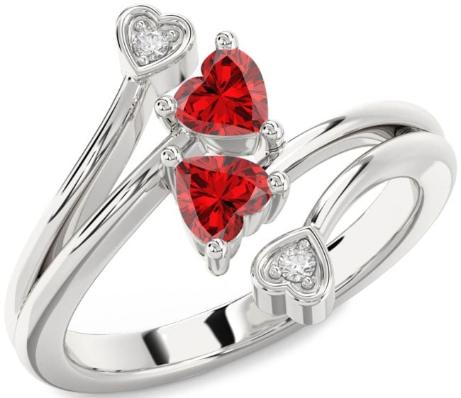 Diamond Ruby Silver Two Heart Birthstone Ring