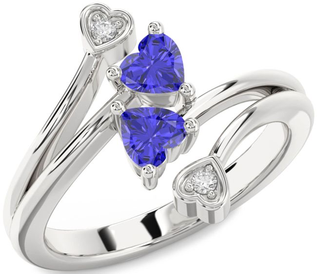 Diamond Tanzanite Silver Two Heart Ring