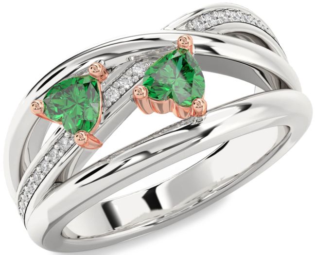Diamond Emerald Rose Gold Silver Two Heart Birthstone Ring