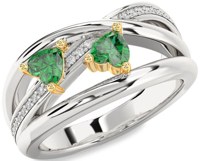 Diamond Emerald Gold Silver Two Heart Birthstone Ring