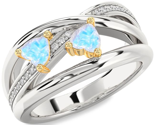 Diamond Moonstone Gold Silver Two Heart Ring