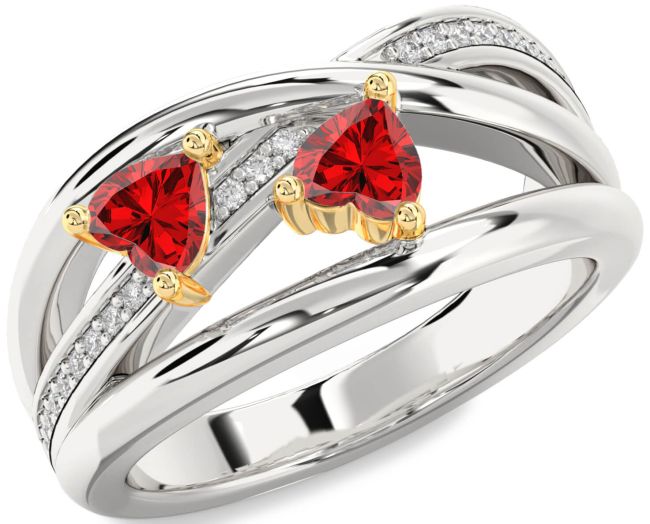 Diamond Ruby Gold Silver Two Heart Birthstone Ring