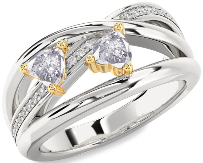 Salt & Pepper Diamond Gold Silver Two Heart Ring