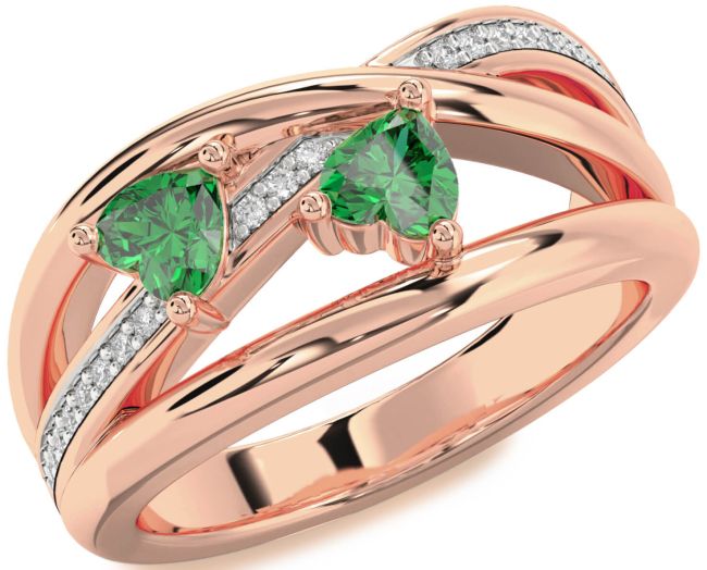 Diamond Emerald Rose Gold Two Heart Birthstone Ring