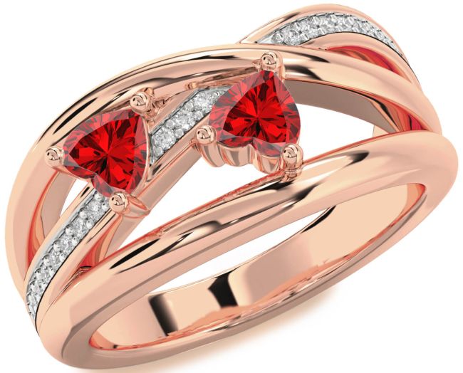 Diamond Ruby Rose Gold Two Heart Birthstone Ring