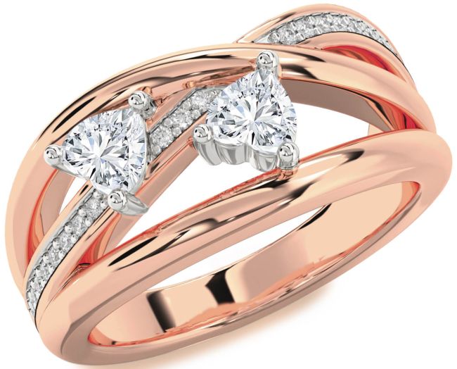 Lab Diamond Rose Gold Silver Two Heart Ring