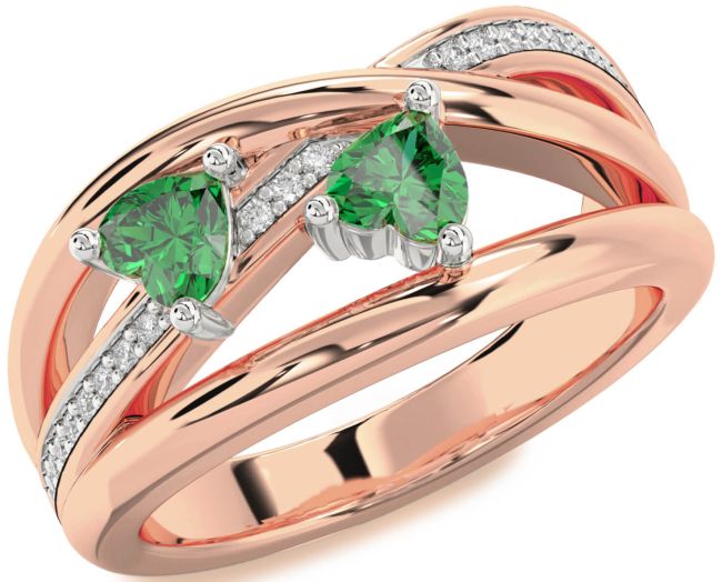Diamond Emerald Rose Gold Silver Two Heart Birthstone Ring
