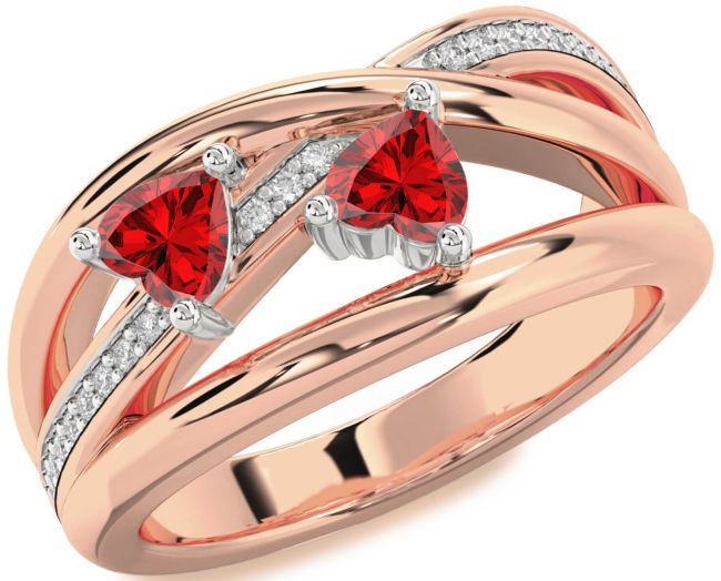 Diamond Ruby Rose Gold Silver Two Heart Birthstone Ring