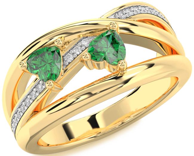 Diamond Emerald Gold Two Heart Birthstone Ring
