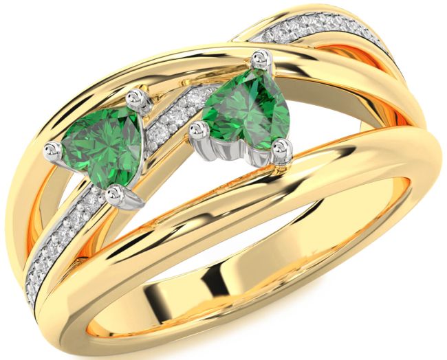 Diamond Emerald Gold Silver Two Heart Birthstone Ring