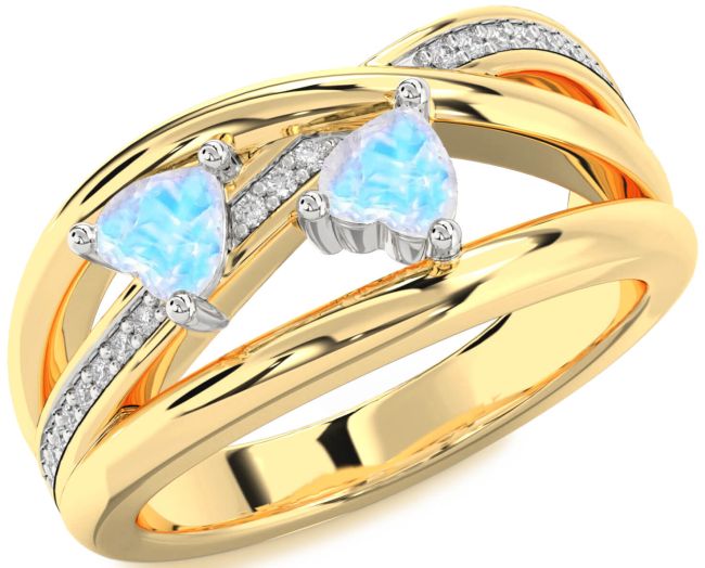 Diamond Moonstone Gold Silver Two Heart Ring