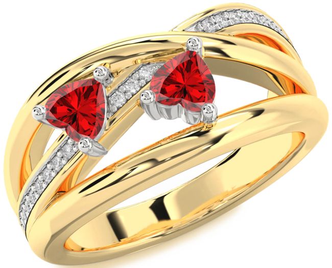 Diamond Ruby Gold Silver Two Heart Birthstone Ring