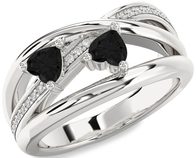 Black Diamond Silver Two Heart Ring