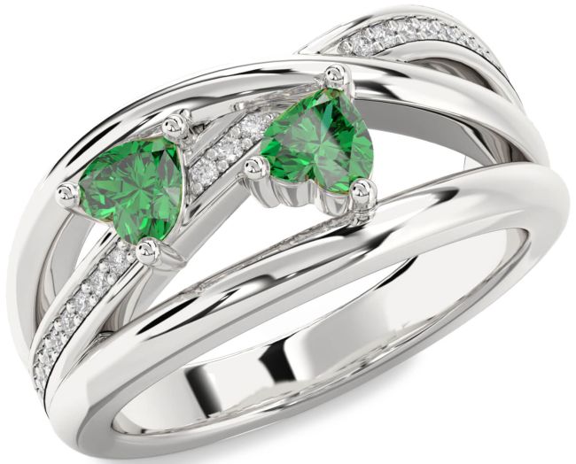 Diamond Emerald Silver Two Heart Birthstone Ring