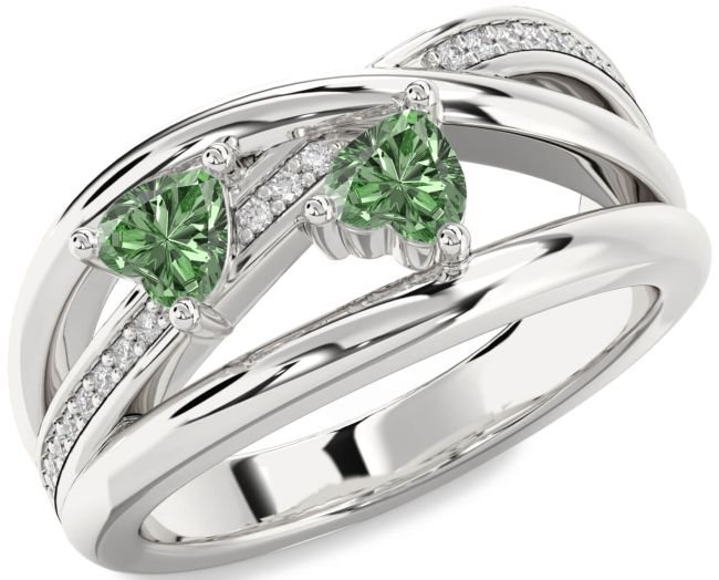 Green Diamond Silver Two Heart Ring