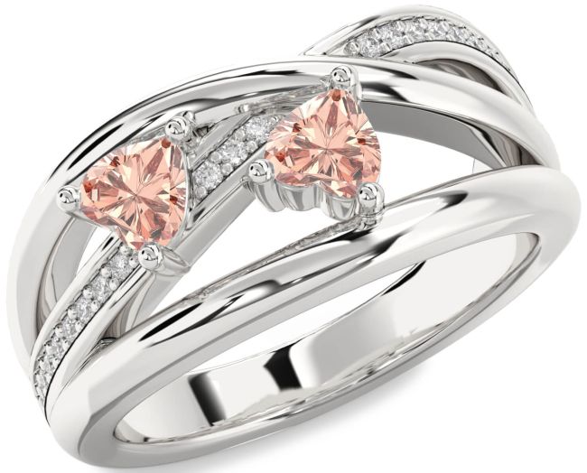 Diamond Morganite Silver Two Heart Ring