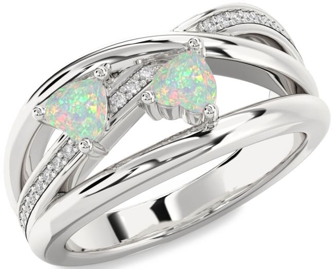 Diamond Opal Silver Two Heart Birthstone Ring