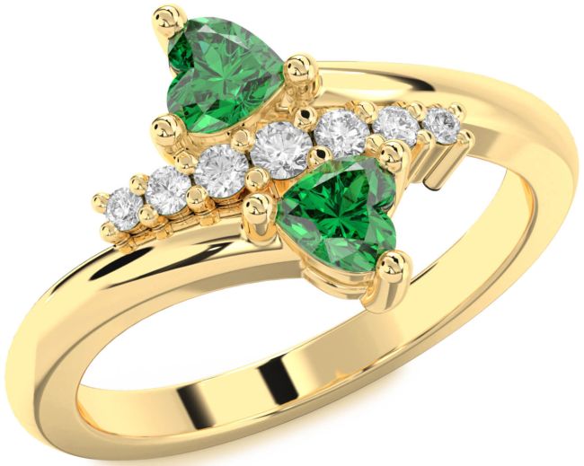 Diamond Emerald Gold Silver Two Heart Birthstone Ring
