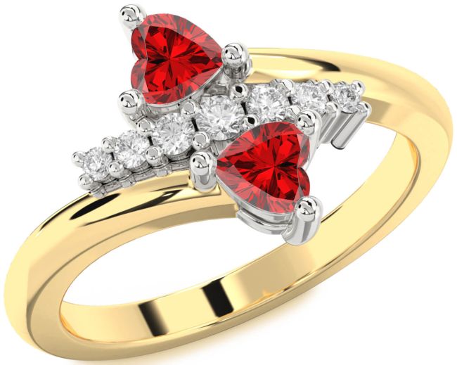 Diamond Ruby Gold Silver Two Heart Birthstone Ring