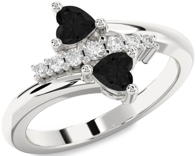Black Diamond Silver Two Heart Ring