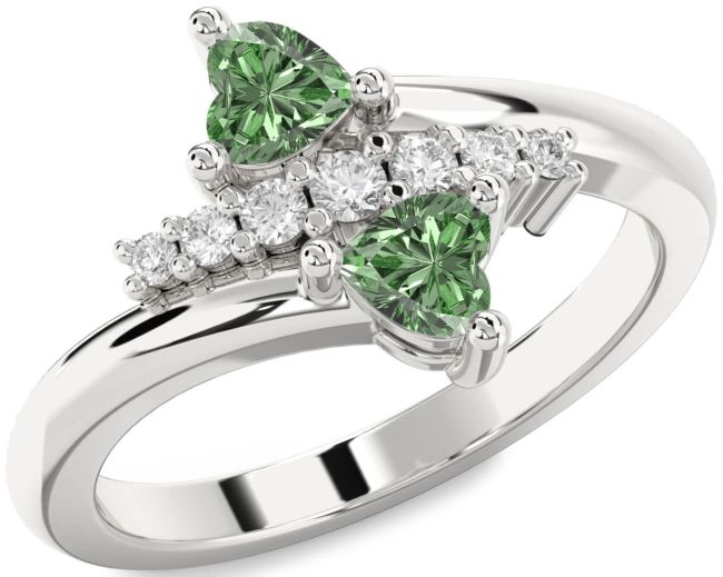 Green Diamond Silver Two Heart Ring