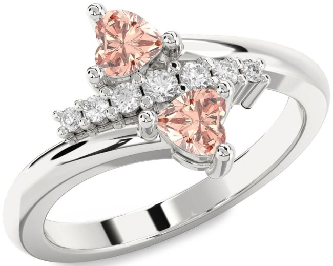 Diamond Morganite Silver Two Heart Ring