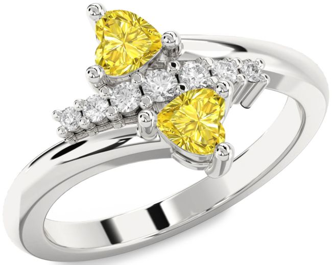 Yellow Diamond Silver Two Heart Ring