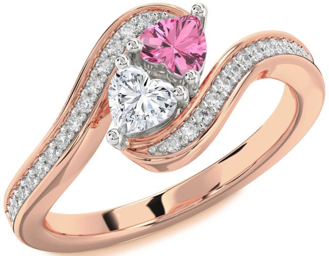 Diamond Rose Gold Silver Two Heart Promise Ring