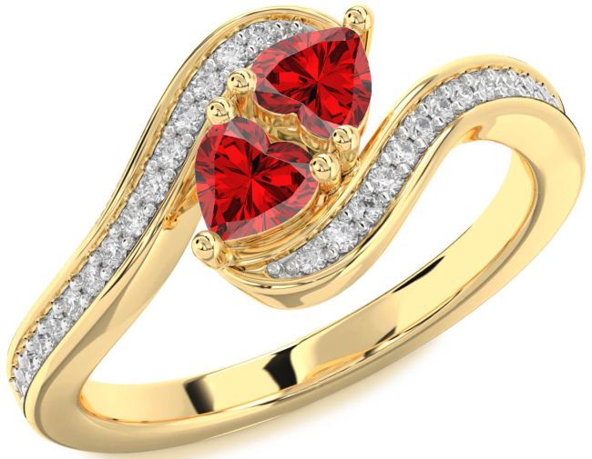 Diamond Ruby Gold Two Heart Birthstone Ring