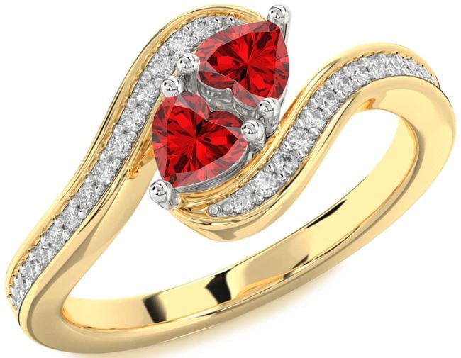 Diamond Ruby Gold Silver Two Heart Birthstone Ring