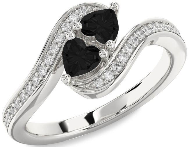 Black Diamond Silver Two Heart Ring