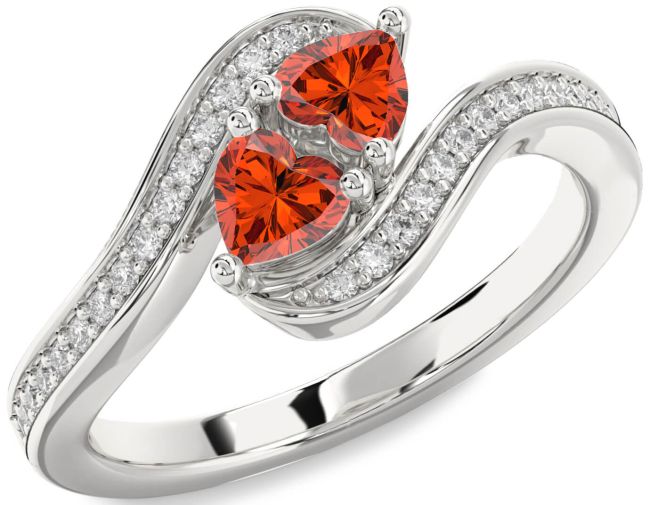 Diamond Fire Opal Silver Two Heart Ring
