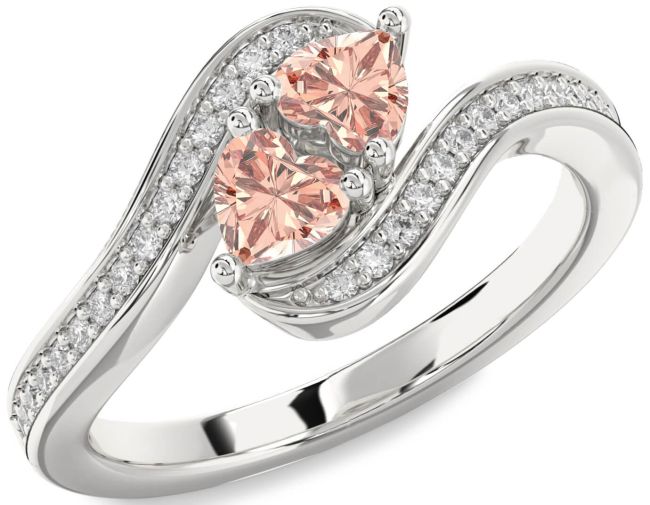 Diamond Morganite Silver Two Heart Ring