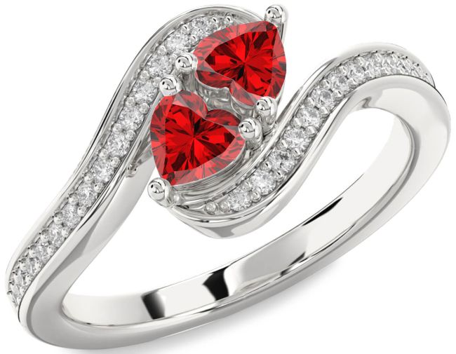 Diamond Ruby Silver Two Heart Birthstone Ring