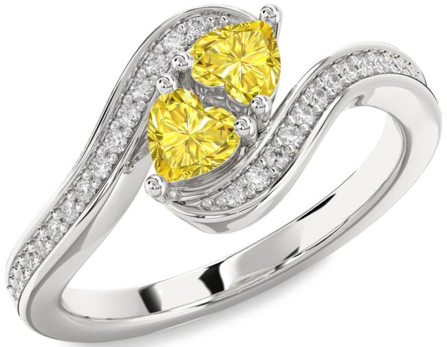 Yellow Diamond Silver Two Heart Ring