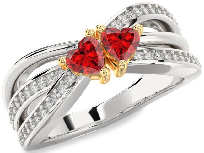 Diamond Ruby Gold Silver Two Heart Birthstone Ring