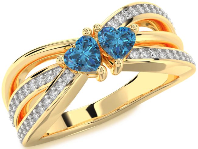 Blue Diamond Gold Silver Two Heart Ring