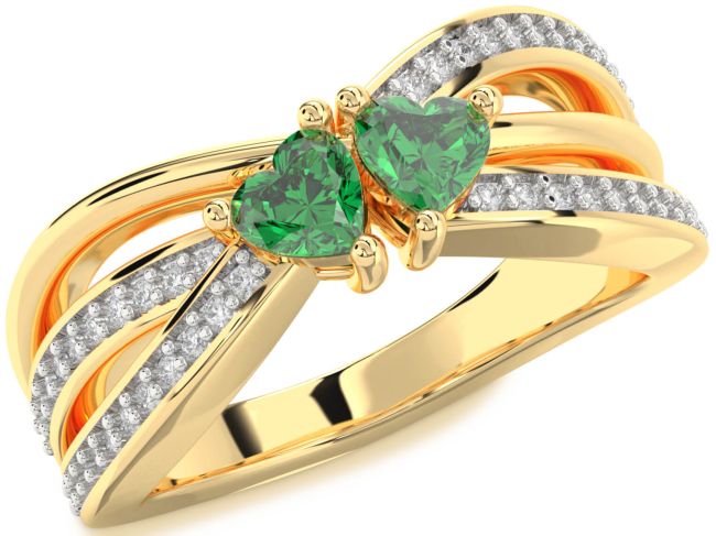 Diamond Emerald Gold Silver Two Heart Birthstone Ring