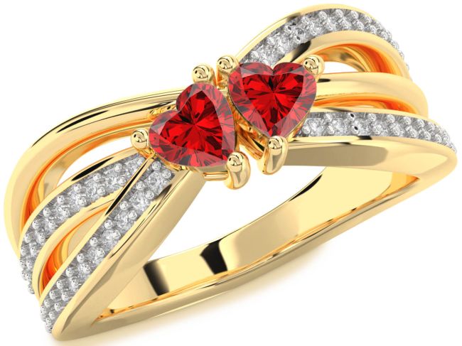 Diamond Ruby Gold Two Heart Birthstone Ring
