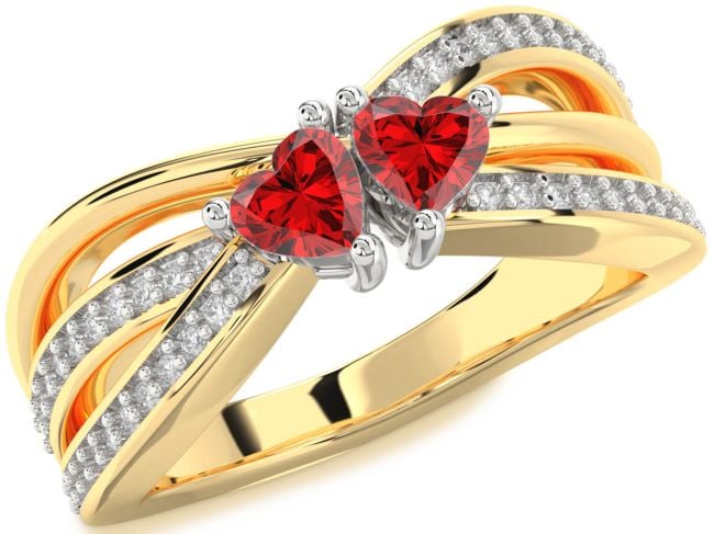 Diamond Ruby Gold Silver Two Heart Birthstone Ring