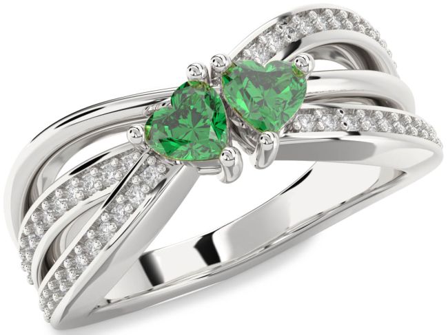 Diamond Emerald Silver Two Heart Birthstone Ring