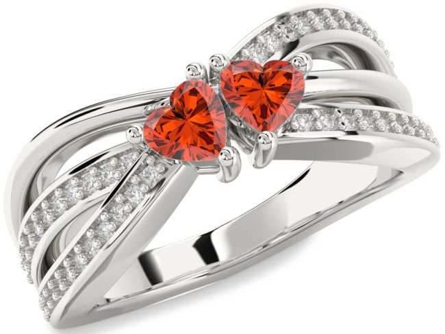 Diamond Fire Opal Silver Two Heart Ring