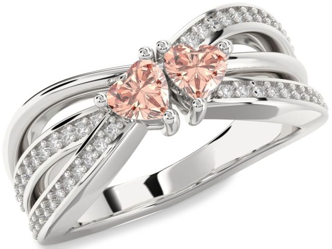 Diamond Morganite Silver Two Heart Ring