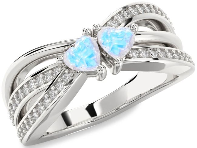 Diamond Moonstone Silver Two Heart Ring