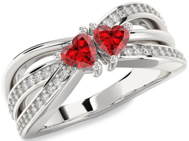 Diamond Ruby Silver Two Heart Birthstone Ring