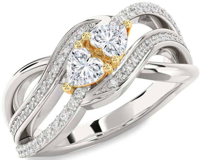 Diamond White Yellow Gold Two Heart Ring